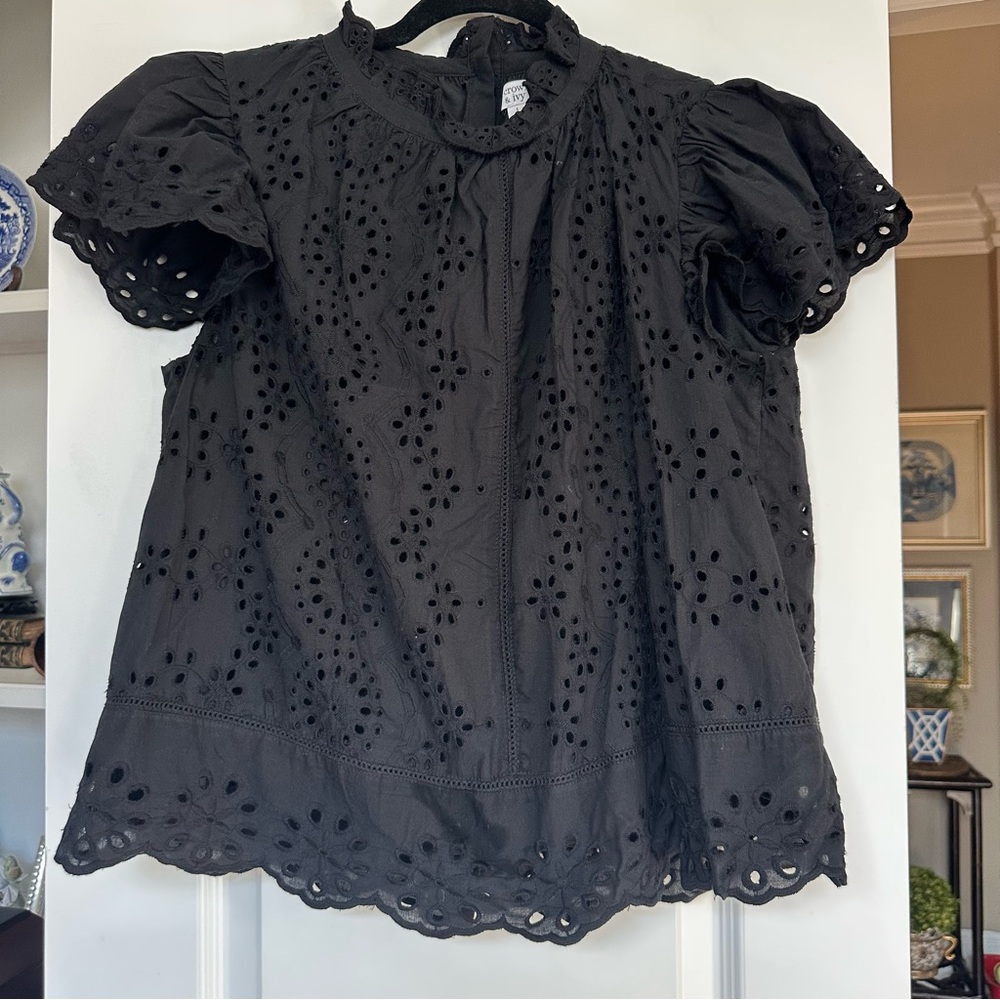CROWN & IVY - black embroidered high neck flutter sleeve scalloped bottom top